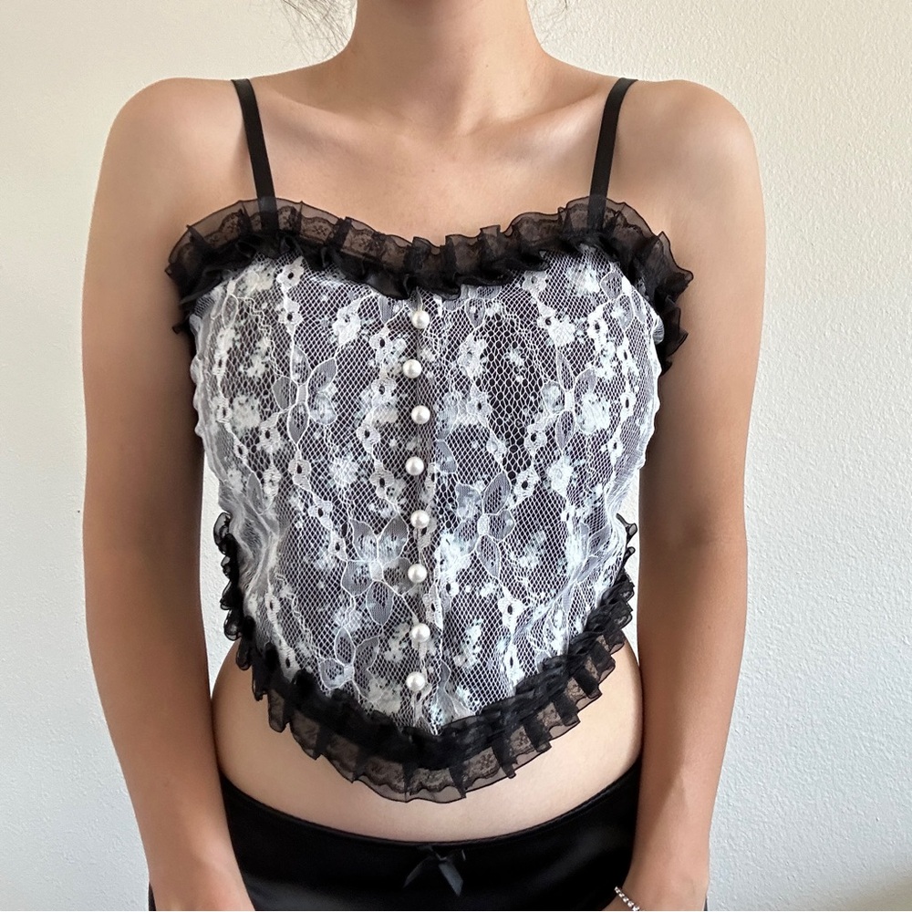 Black and White Lace Camisole with Pearl Buttons